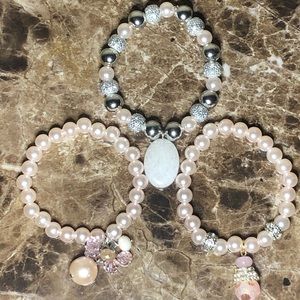 Pink pearl & silver studded bead bracelets w Charm